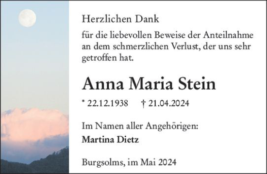 Traueranzeige von Anna Maria Stein von Wetzlarer Neue Zeitung