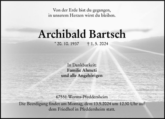 Traueranzeige von Archibald Bartsch von Wormser Zeitung