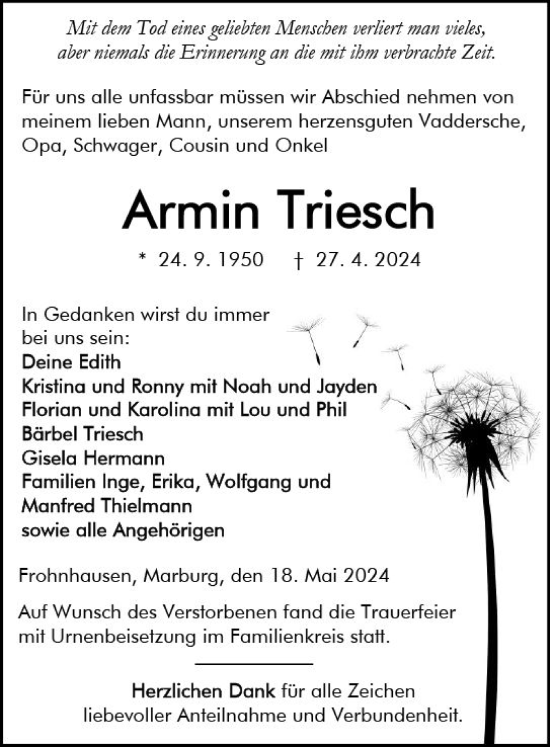 Traueranzeige von Armin Triesch von Dill Block
