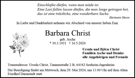 Traueranzeige von Barbara Christ von Darmstädter Echo