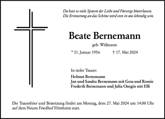 Traueranzeige von Beate Bernemann von Rüsselsheimer Echo
