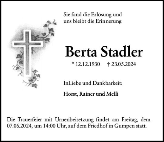 Traueranzeige von Berta Stadler von Odenwälder Echo