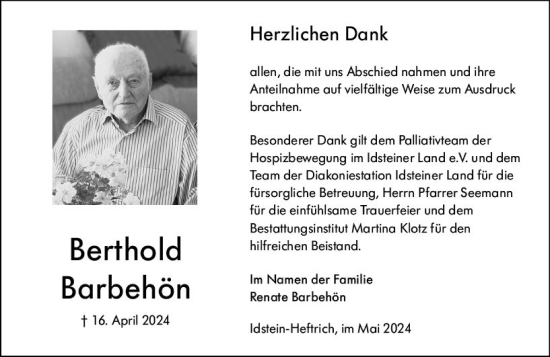 Traueranzeige von Berthold Barbehön von Idsteiner Land/Untertaunus