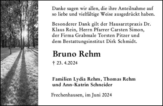 Traueranzeige von Bruno Rehm von Hinterländer Anzeiger