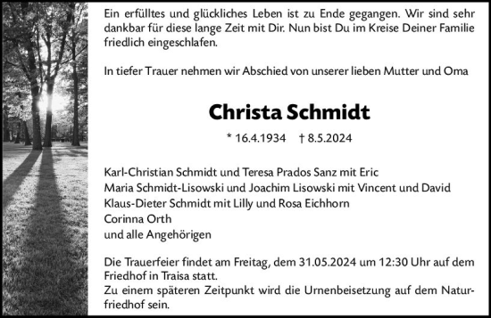 Traueranzeige von Christa Schmidt von Darmstädter Echo
