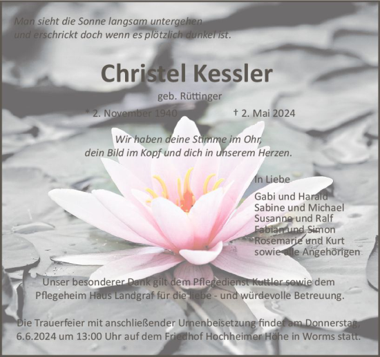 Traueranzeige von Christel Kessler von Wormser Zeitung