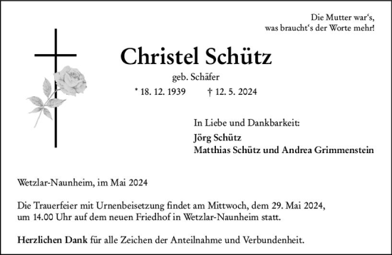 Traueranzeige von Christel Schütz von Wetzlarer Neue Zeitung