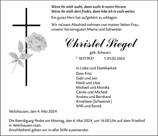 Traueranzeige von Christel Siegel von Hinterländer Anzeiger