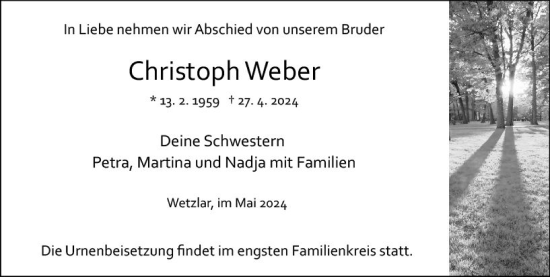 Traueranzeige von Christoph Weber von Wetzlarer Neue Zeitung