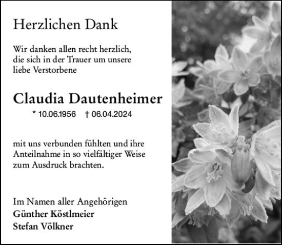 Traueranzeige von Claudia Dautenheimer von Allgemeine Zeitung Mainz