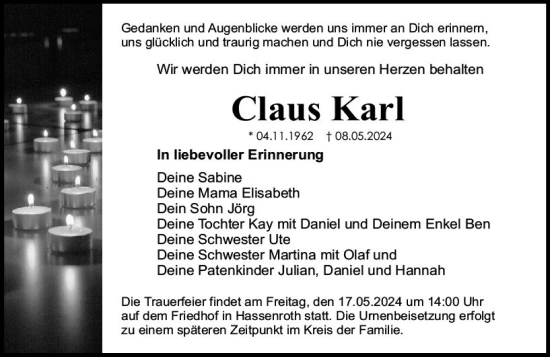 Traueranzeige von Claus Karl von Odenwälder Echo