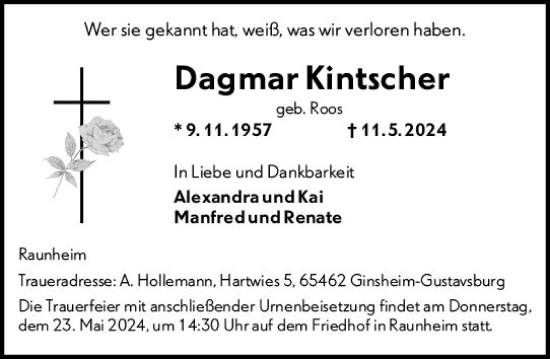 Traueranzeige von Dagmar Kintscher von Rüsselsheimer Echo