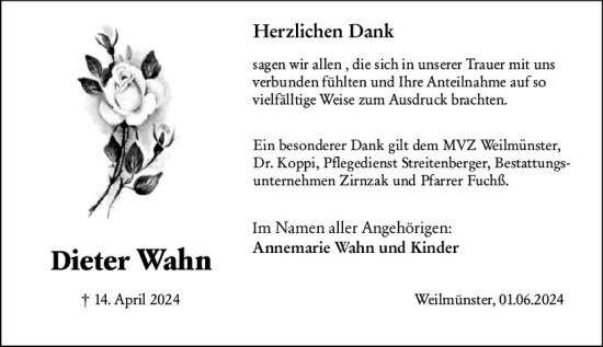 Traueranzeige von Dieter Wahn von Weilburger Tageblatt