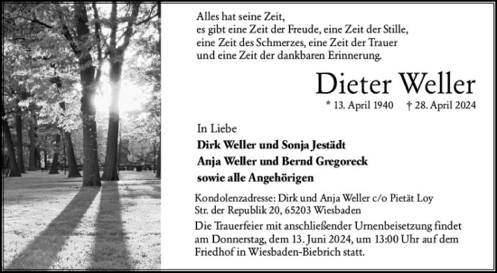 Traueranzeige von Dieter Weller von Wiesbadener Kurier