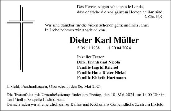 Traueranzeige von Dieter Karl Müller von Hinterländer Anzeiger