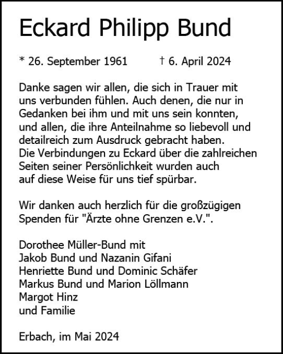 Traueranzeige von Eckard Philipp Bund von Odenwälder Echo