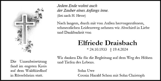 Traueranzeige von Elfriede Draisbach von Rüsselsheimer Echo