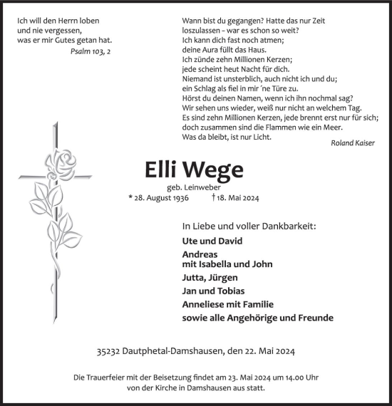 Traueranzeige von Elli Wege von Hinterländer Anzeiger