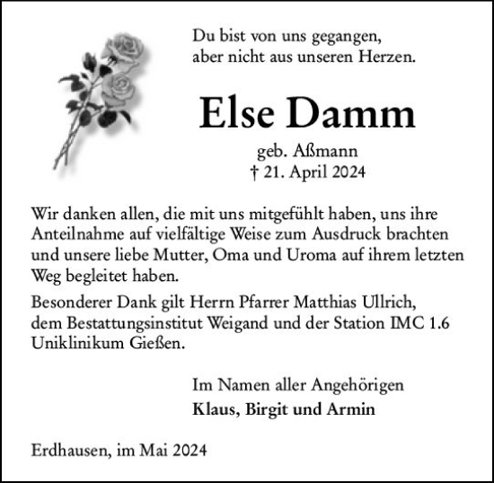 Traueranzeige von Else Damm von Hinterländer Anzeiger