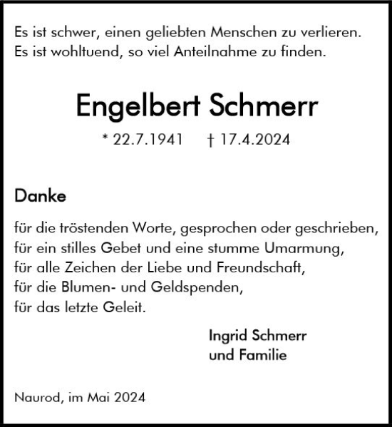 Traueranzeige von Engelbert Schmerr von Wiesbadener Kurier