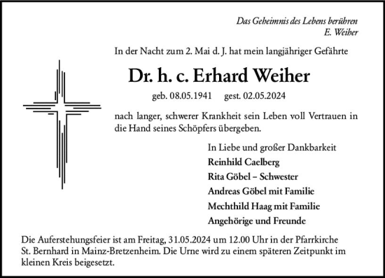Traueranzeige von Erhard Weiher von Allgemeine Zeitung Mainz
