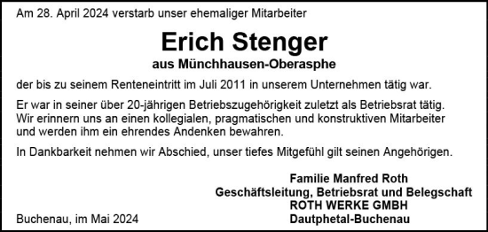 Traueranzeige von Erich Stenger von Hinterländer Anzeiger