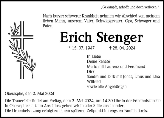 Traueranzeige von Erich Stenger von Hinterländer Anzeiger