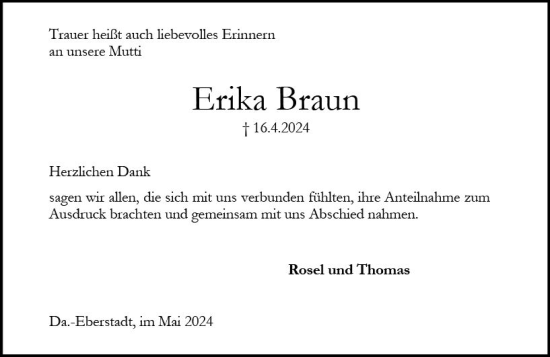 Traueranzeige von Erika Braun von Darmstädter Echo