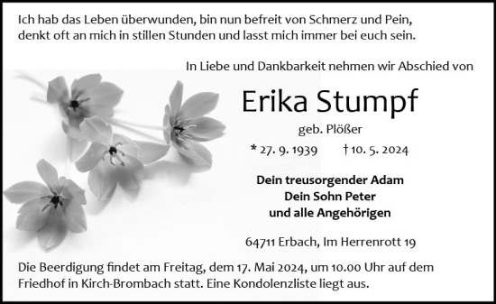 Traueranzeige von Erika Stumpf von Odenwälder Echo