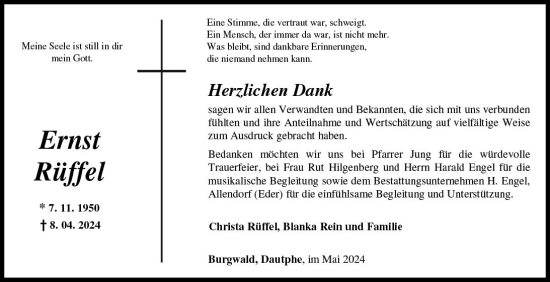 Traueranzeige von Ernst Rüffel von Hinterländer Anzeiger