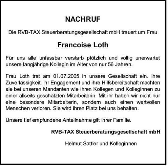 Traueranzeige von Francoise Loth von Allgemeine Zeitung Mainz