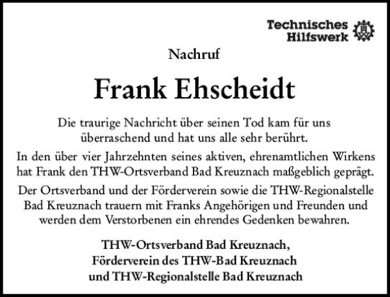 Traueranzeige von Frank Ehscheidt von Allgemeine Zeitung Bad Kreuznach