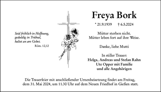 Traueranzeige von Freya Bork von Wetzlarer Neue Zeitung
