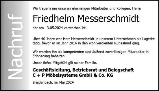 Traueranzeige von Friedhelm Messerschmidt von Hinterländer Anzeiger
