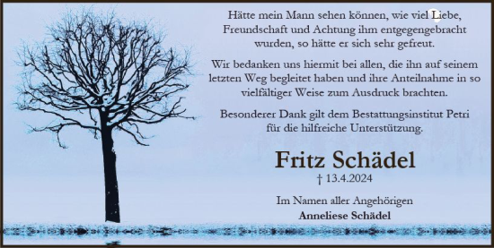 Traueranzeige von Fritz Schädel von Rüsselsheimer Echo