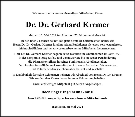 Traueranzeige von Gerhard Kremer von Allgemeine Zeitung Bingen/Ingelheim