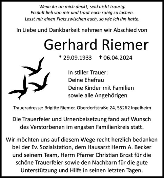 Traueranzeige von Gerhard Riemer von Allgemeine Zeitung Bingen/Ingelheim