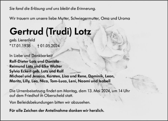 Traueranzeige von Gertrud Lotz von Dill Block