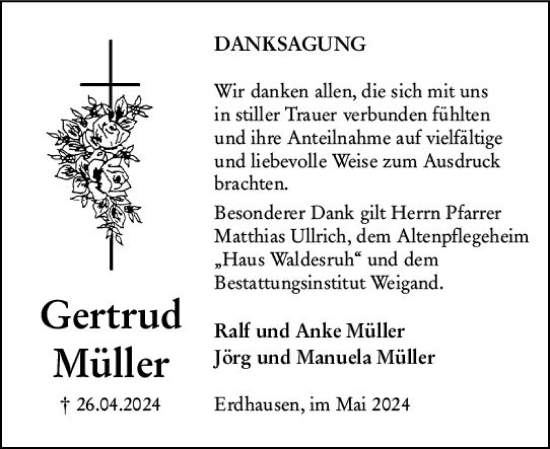 Traueranzeige von Gertrud Müller von Hinterländer Anzeiger
