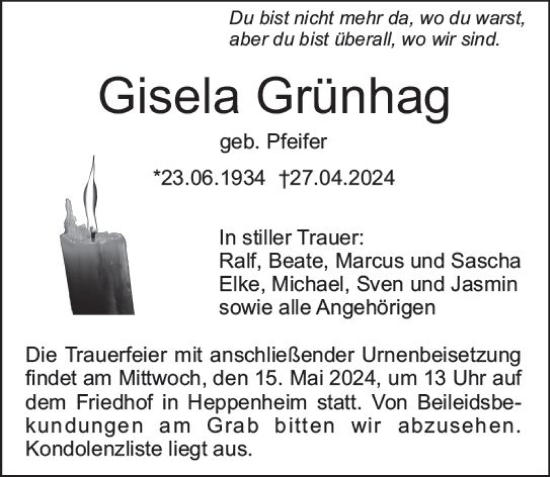 Traueranzeige von Gisela Grünhag von Starkenburger Echo