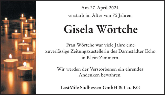 Traueranzeige von Gisela Wörtche von Darmstädter Echo