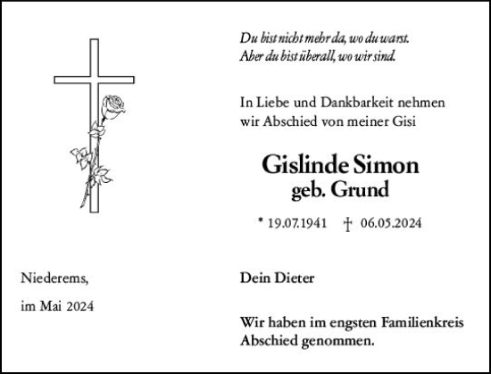 Traueranzeige von Gislinde Simon von Camberger Anzeiger