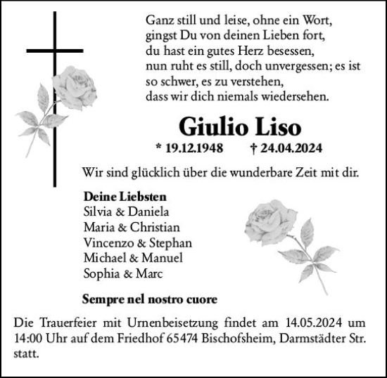 Traueranzeige von Giulio Liso von Hochheimer Zeitung