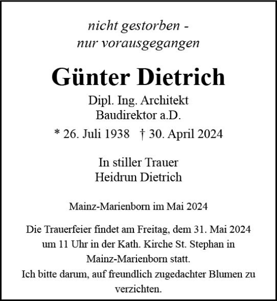 Traueranzeige von Günter Dietrich von Allgemeine Zeitung Mainz