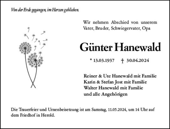 Traueranzeige von Günter Hanewald von Rüsselsheimer Echo