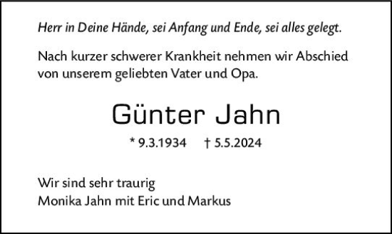Traueranzeige von Günter Jahn von Darmstädter Echo