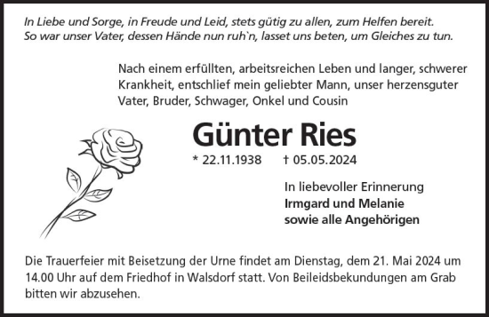 Traueranzeige von Günter Ries von Camberger Anzeiger
