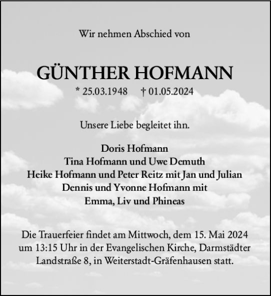 Traueranzeige von Günther Hofmann von Darmstädter Echo