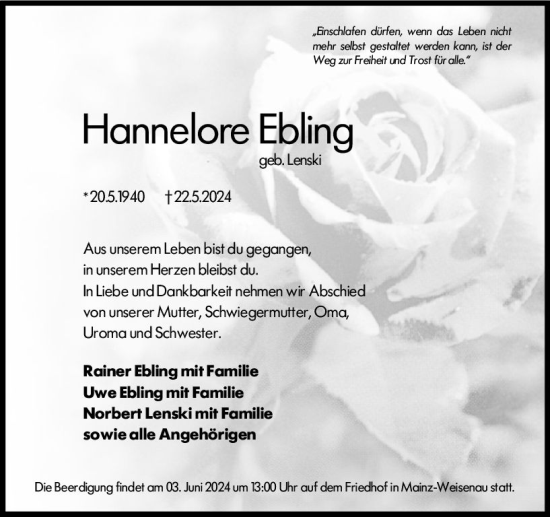 Traueranzeige von Hannelore Ebling von Allgemeine Zeitung Mainz