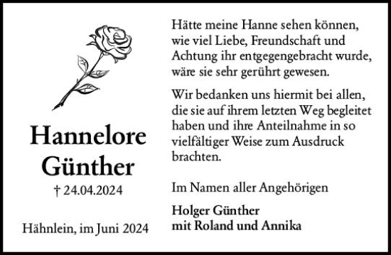 Traueranzeige von Hannelore Günther von Darmstädter Echo